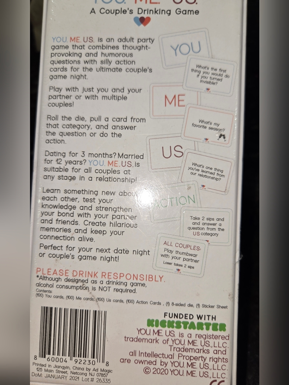 You Me Us Couples Drinking Game New In Box Date Night Fun Party Game - Picture 2 of 3